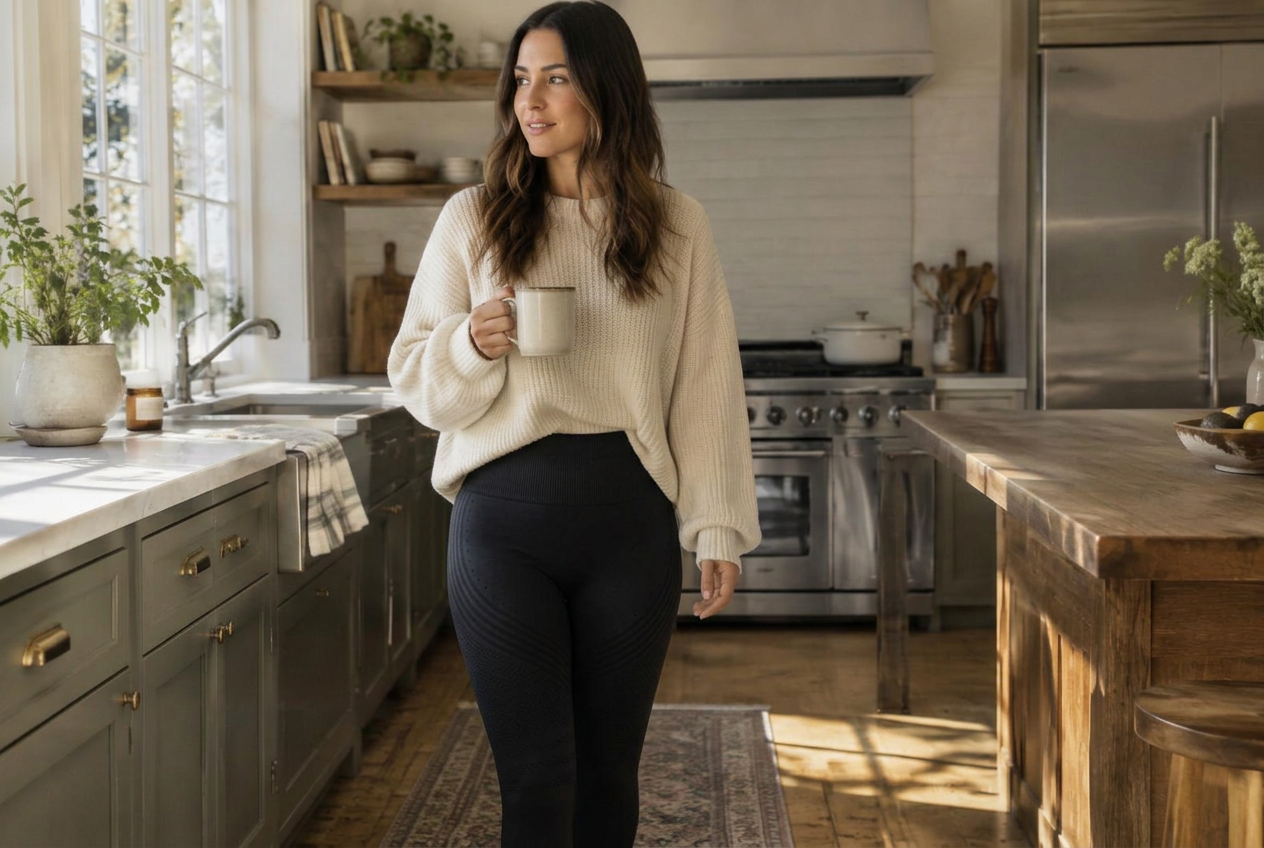 Woman in textured black leggings and a cream sweater holding a coffee in her kitchen